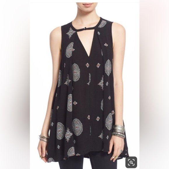 Free People XS 'Tree Swing' Sleeveless Tunic Paisley Dress black swing trapeze - Picture 1 of 9